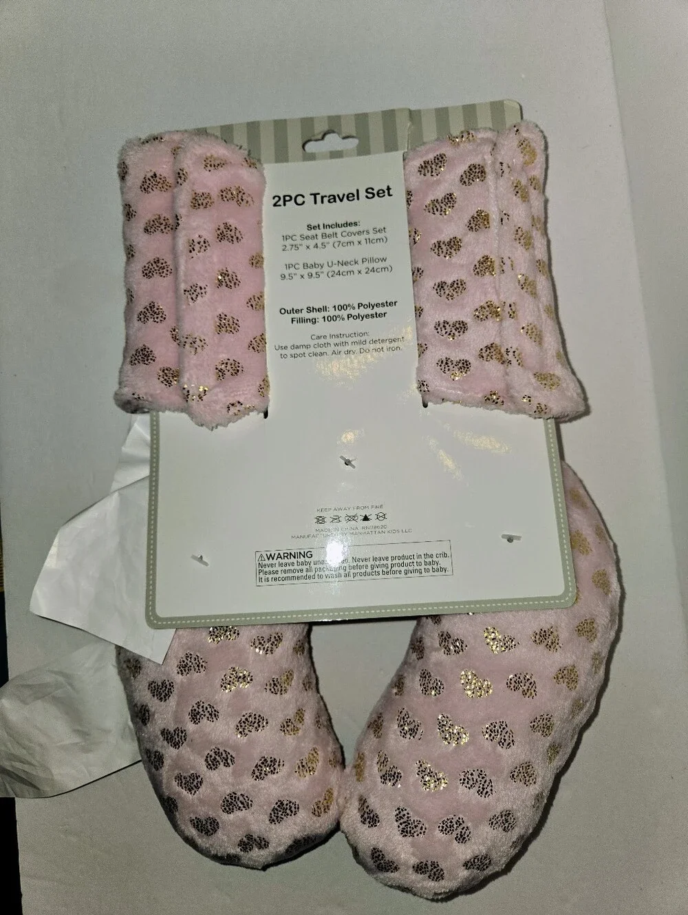 Babe Luxe Kids Pink Gold Heart U-Neck Pillow & Strap Covers NEW